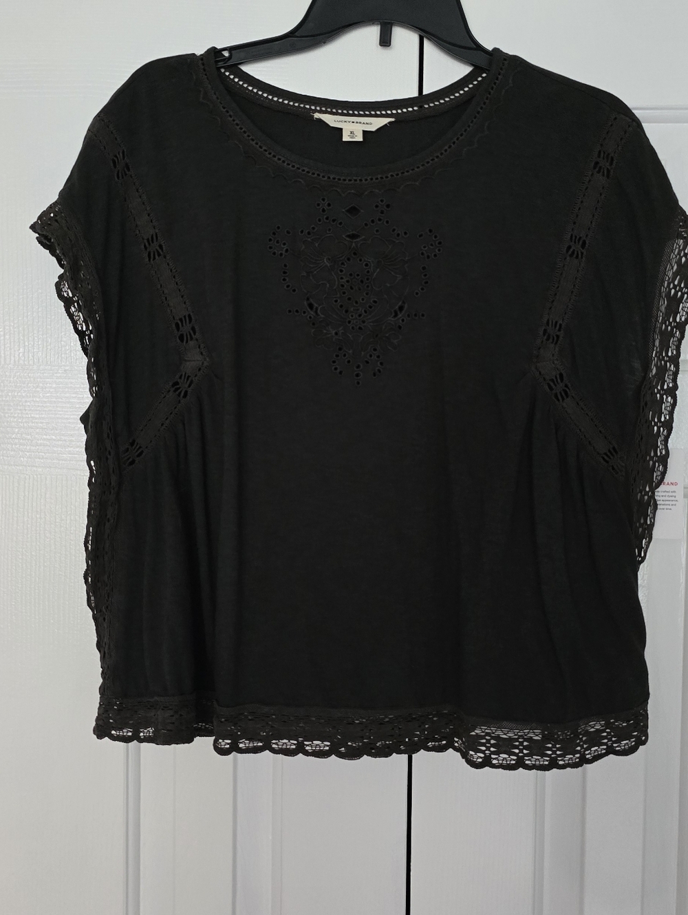 NWT Lucky Brand Faded Black Crochet-Trim Short Sleeve Blouse